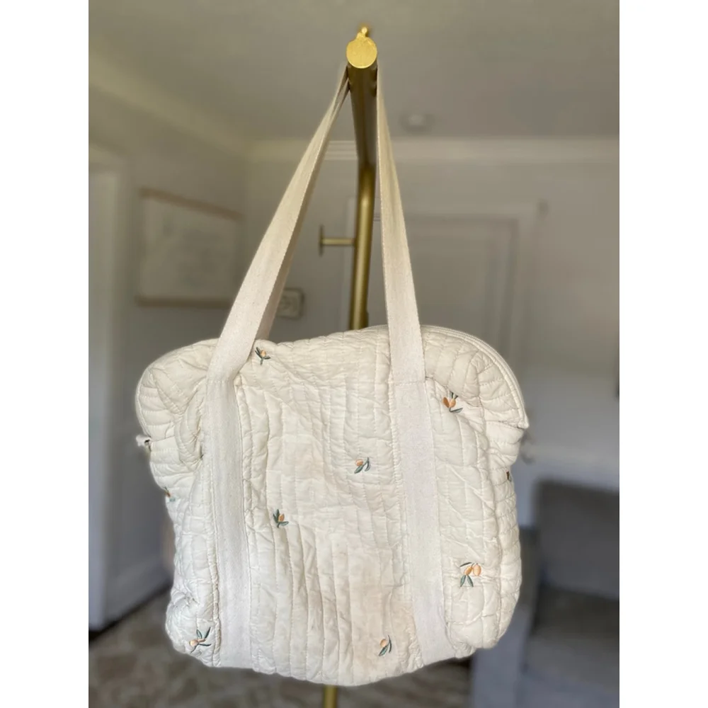 Quilted Embroidered Diaper Tote Bag Neutral Cream Ditsy Floral Cottagecore Baby